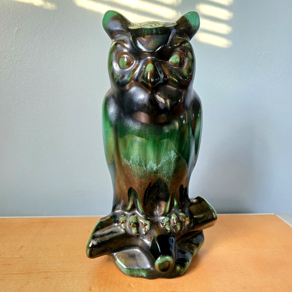 Vintage Blue Mountain Pottery Owl Statue green drip glaze bird wise cottage